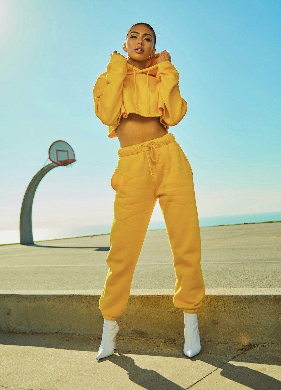 Fashion model showing a golden yellow co-ord
